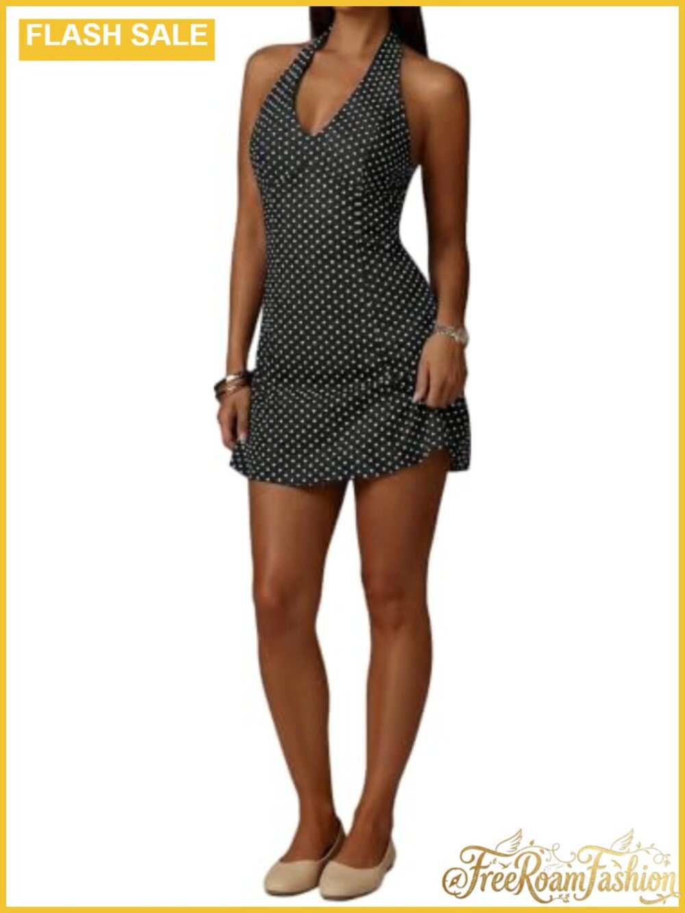 Floerns Polka Dot Halter Mini Dress Backless V Neck A Line Sleeveless